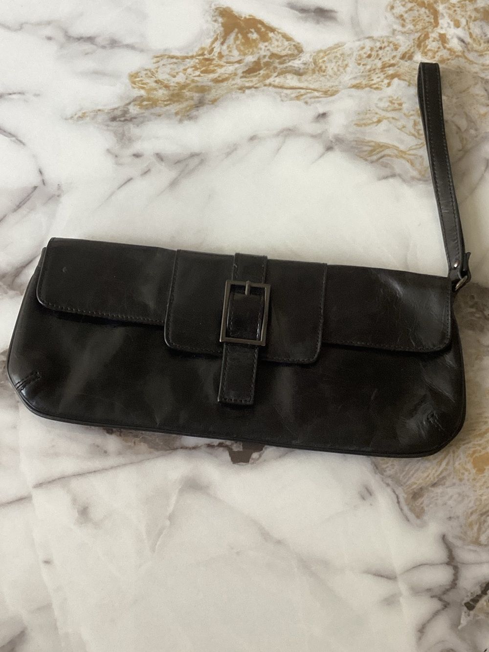 Danier Black Leather Wristlet Clutch with Front Buckle
